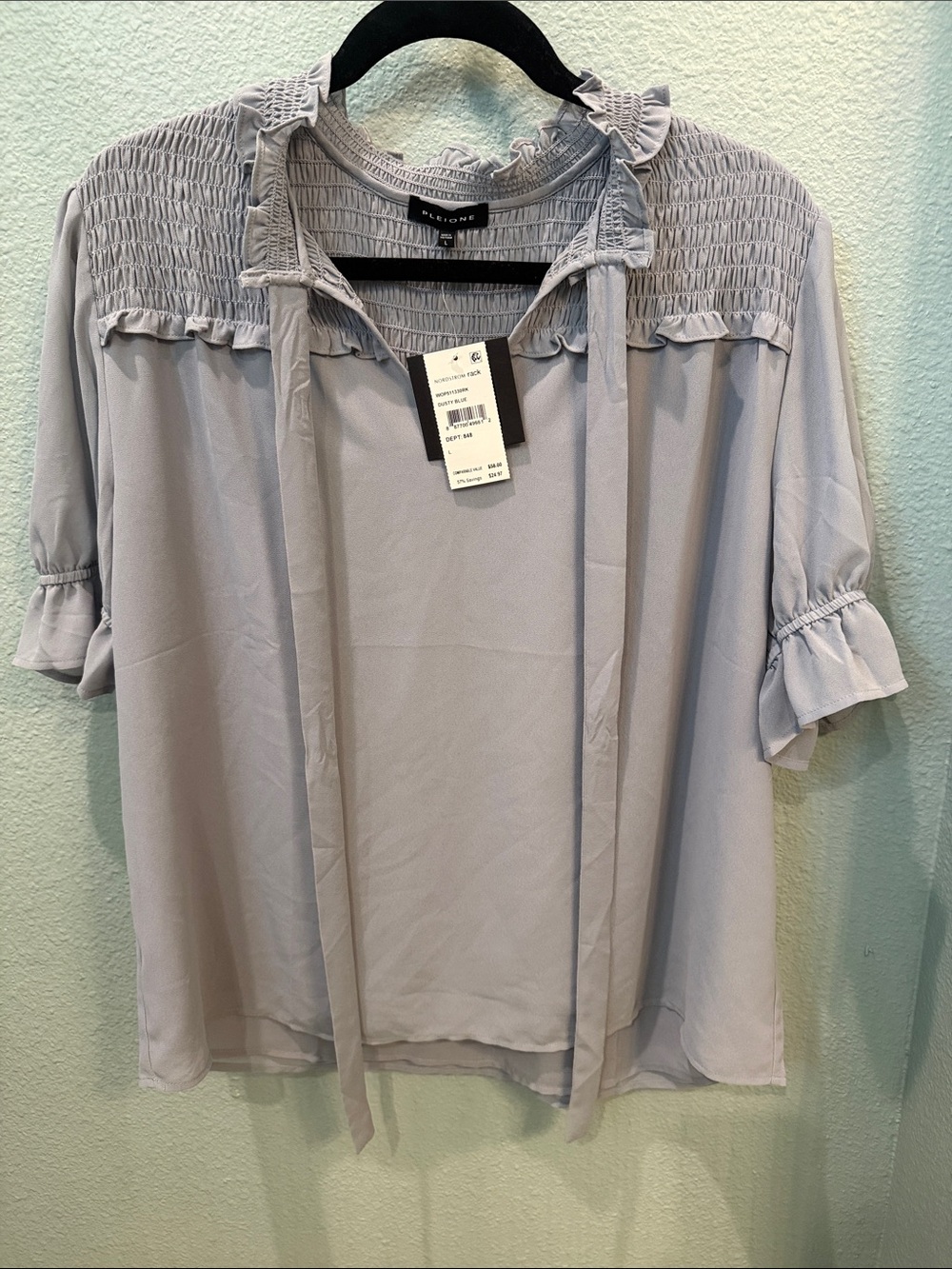 Pleione Dusty Blue Tie-Neck Smocked Yoke Blouse Large NWT